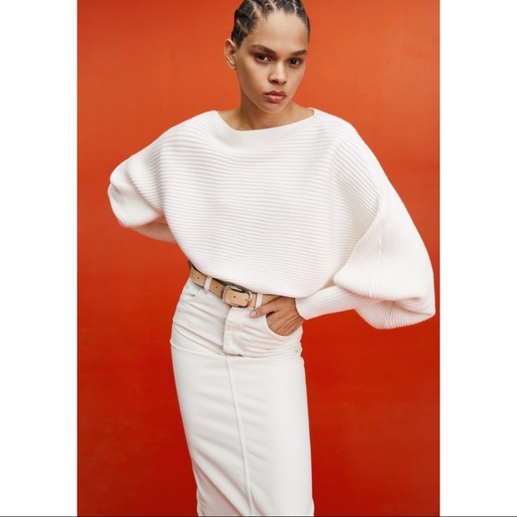 Zara Dresses & Skirts - ZARA Midi Skirt Hi Rise Denim With Slit Off White Cream Modest Career Casual